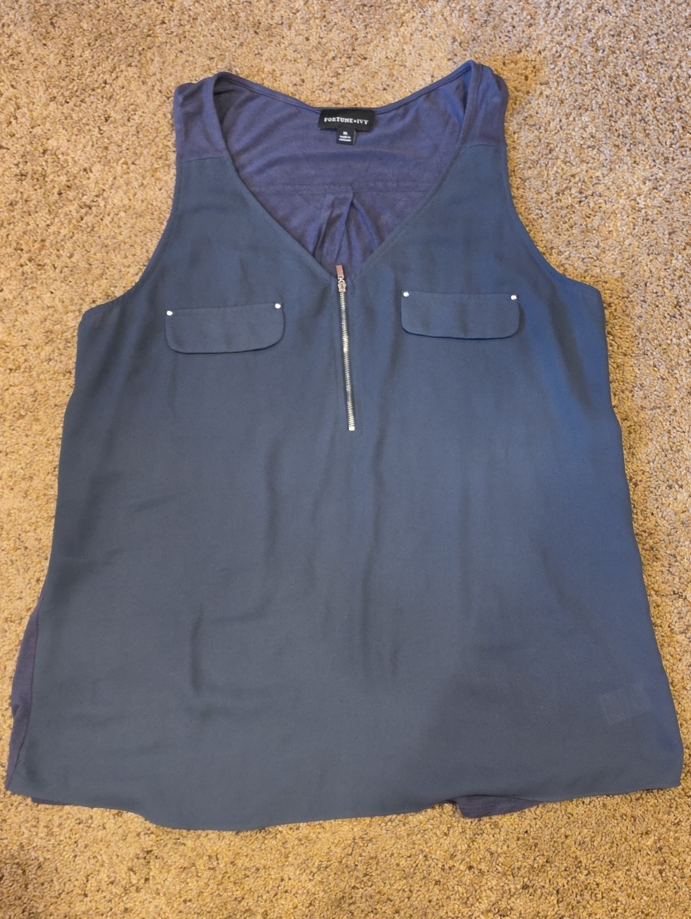 Worthington Navy V-Neck Sleeveless Zip Tank